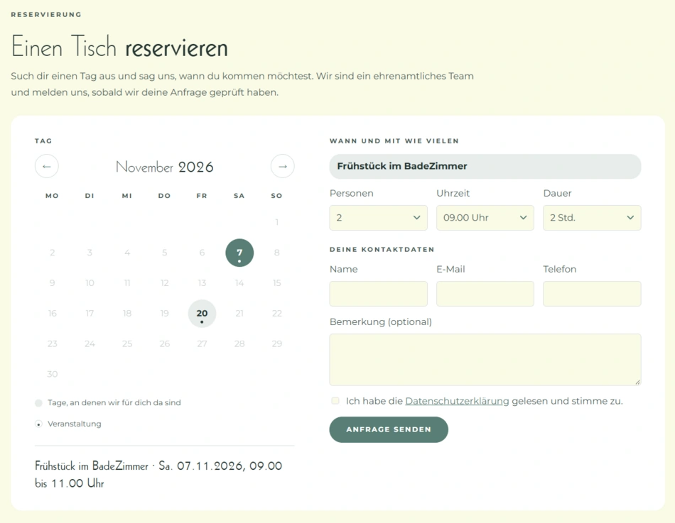 screenshot des Reservierungssystems für das BadeZimmer