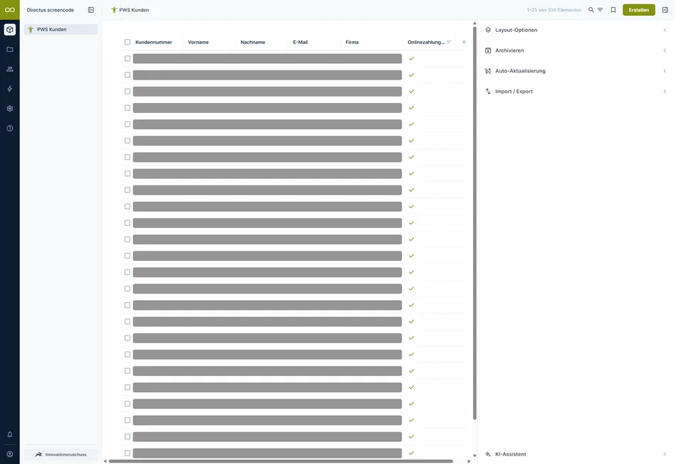 screenshot Postwerkstatt directus Kundendatenbank