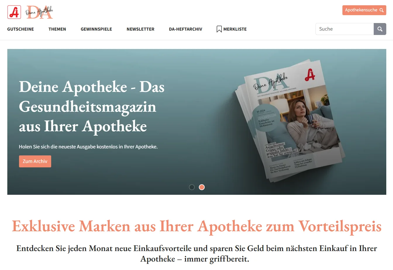Startseite von Deine Apotheke mit Gutscheinen