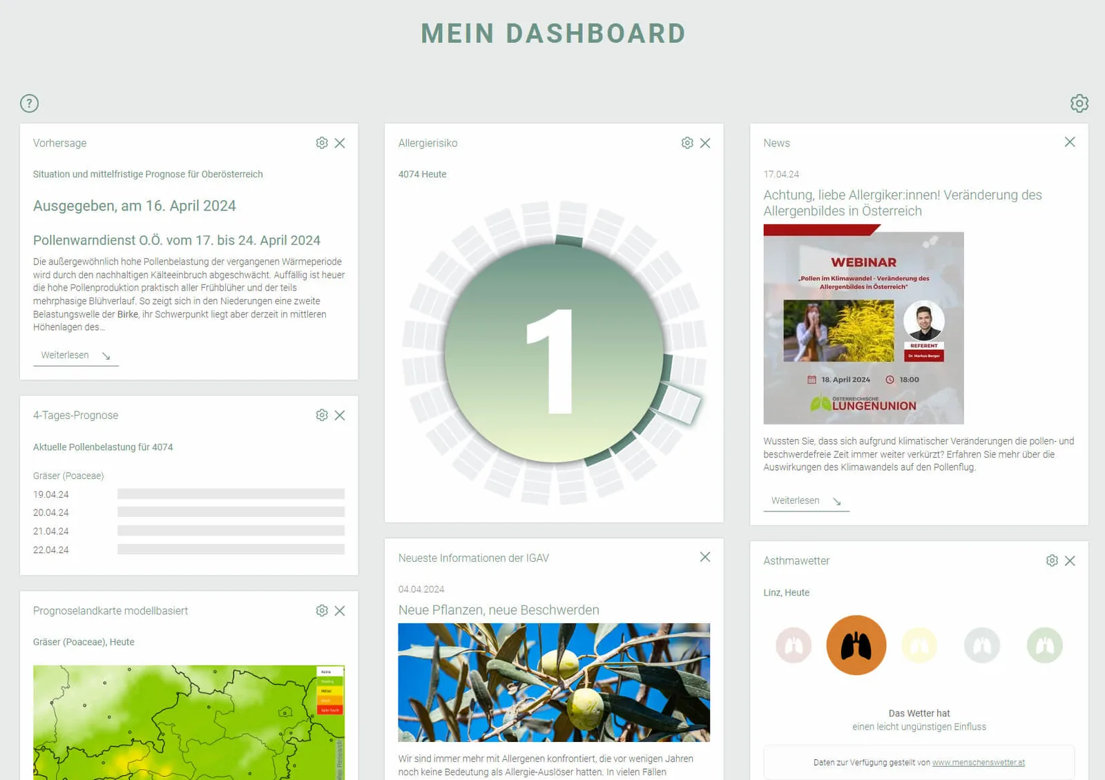 Website der Polleninformation mit Belastungskarte